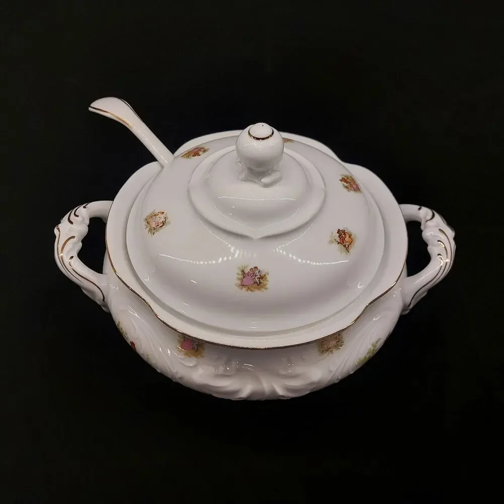 Vintage Wawel Poland Porcelain Soup Tureen Set with Lid Ladle Gold Trim China